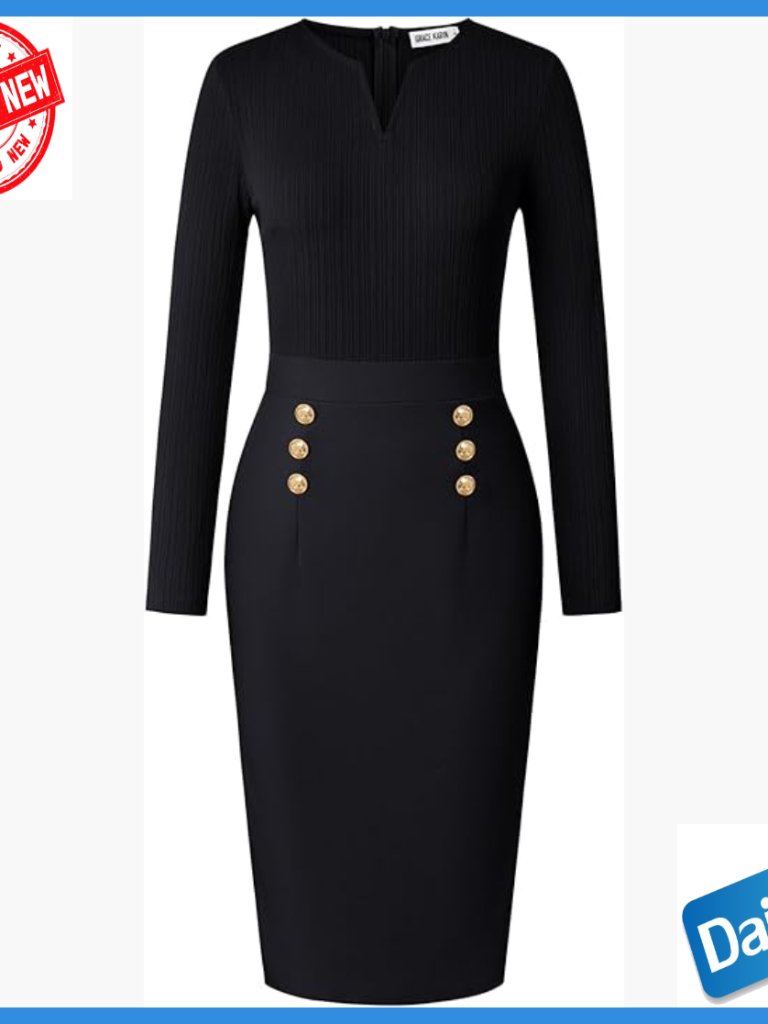 Long Sleeve Midi Bodycon Dress Henley V Neck Button Front Work Office
